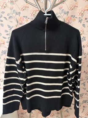 Zara Black and White Striped Zip Mock-Neck Sweater